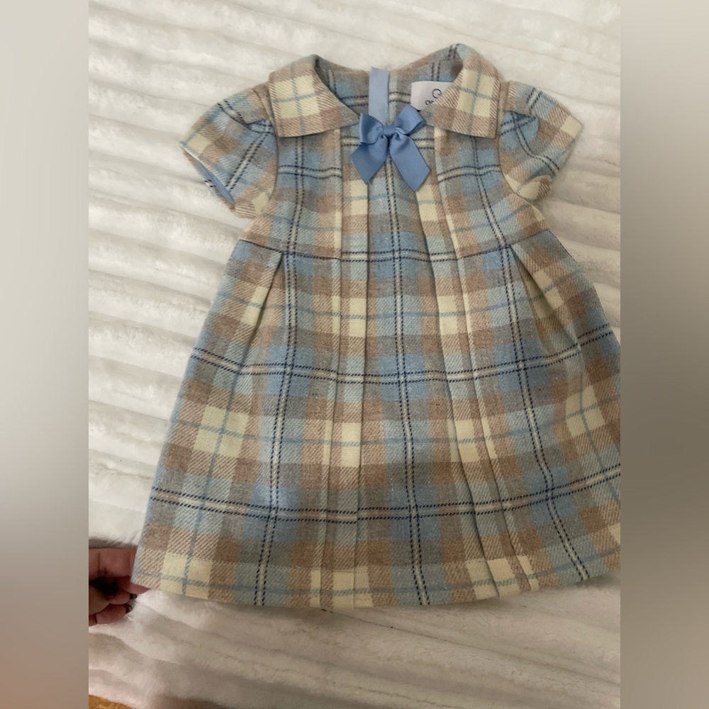 Chickeeduck Classic Plaid Bow-Accent Kids Dress in Blue and Cream